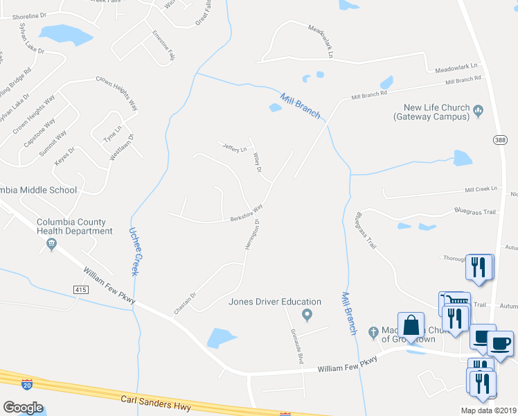 map of restaurants, bars, coffee shops, grocery stores, and more near 3911 Berkshire Way in Grovetown