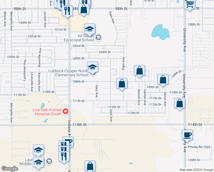 map of restaurants, bars, coffee shops, grocery stores, and more near 3019 109th Street in Lubbock