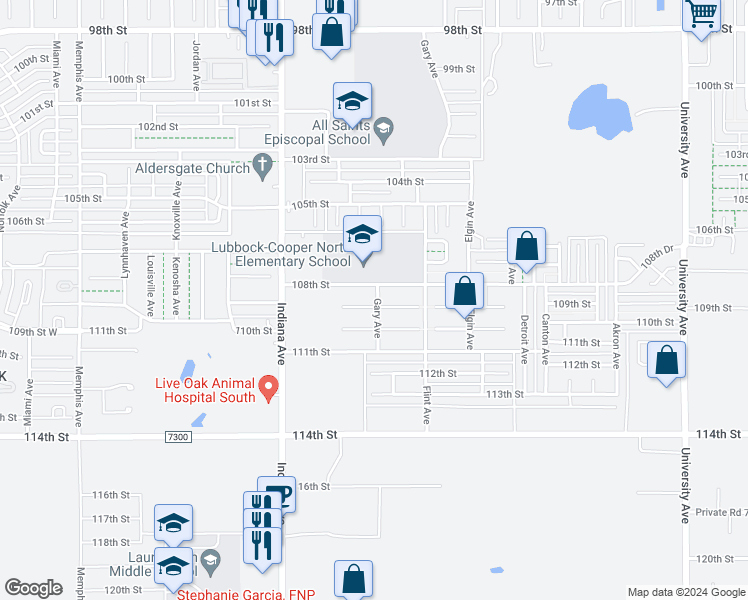 map of restaurants, bars, coffee shops, grocery stores, and more near 3113 109th Street in Lubbock