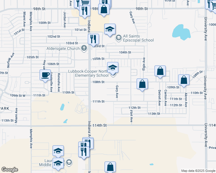 map of restaurants, bars, coffee shops, grocery stores, and more near 3207 109th Street in Lubbock