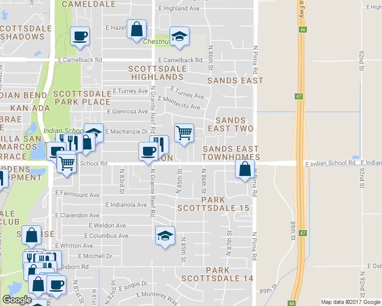 map of restaurants, bars, coffee shops, grocery stores, and more near 8550 East Indian School Road in Scottsdale