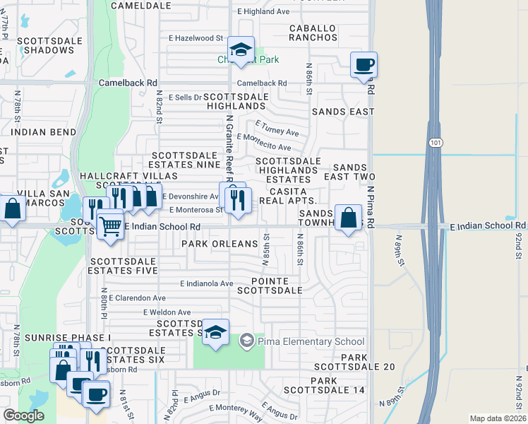 map of restaurants, bars, coffee shops, grocery stores, and more near 8444 East Indian School Road in Scottsdale