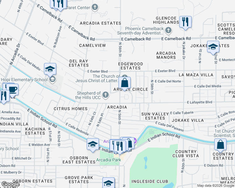 map of restaurants, bars, coffee shops, grocery stores, and more near 5548 East Lafayette Boulevard in Phoenix
