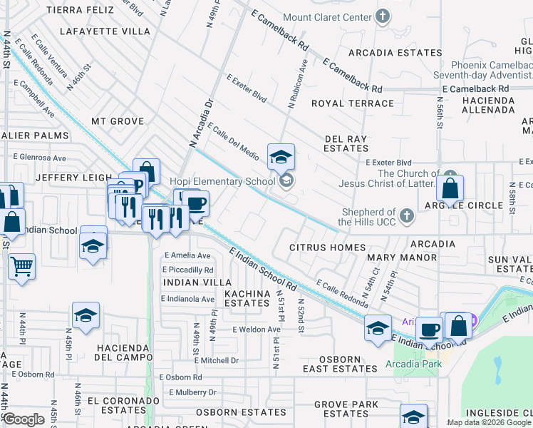 map of restaurants, bars, coffee shops, grocery stores, and more near 4136 North 52nd Street in Phoenix