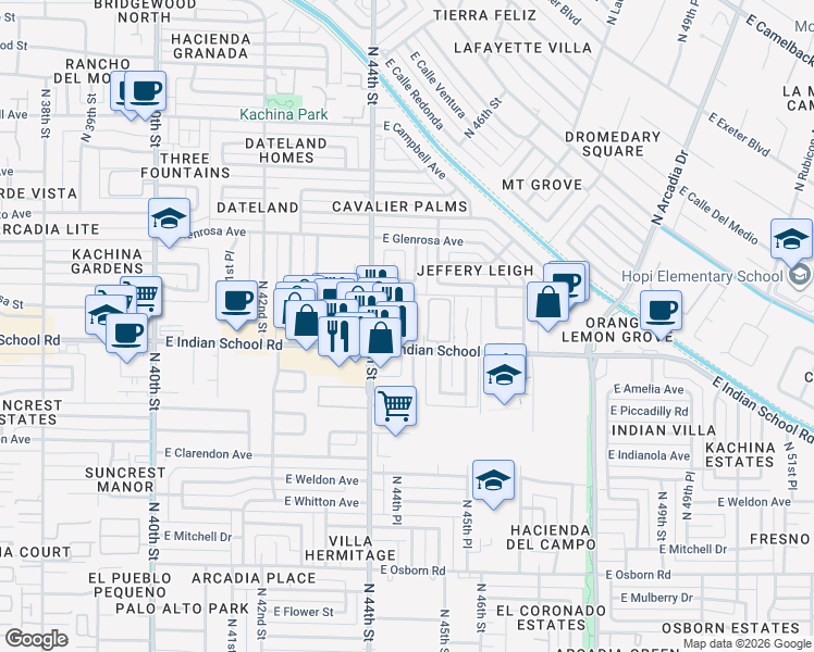 map of restaurants, bars, coffee shops, grocery stores, and more near 4422 East Indian School Road in Phoenix