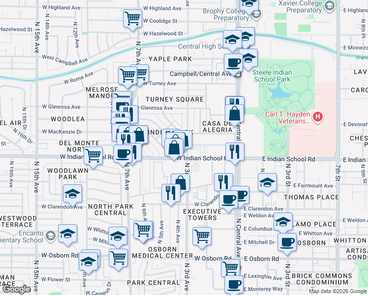 map of restaurants, bars, coffee shops, grocery stores, and more near 330 West Indian School Road in Phoenix