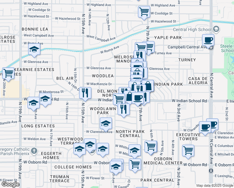 map of restaurants, bars, coffee shops, grocery stores, and more near 841 West Indian School Road in Phoenix