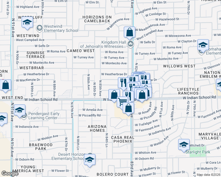 map of restaurants, bars, coffee shops, grocery stores, and more near 4111 North 84th Circle in Phoenix