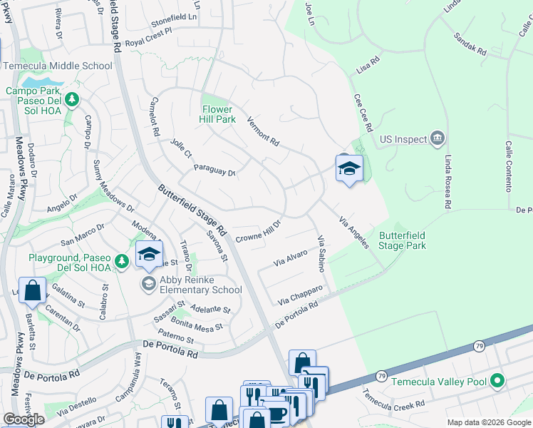 map of restaurants, bars, coffee shops, grocery stores, and more near 43168 Lancashire Common in Temecula