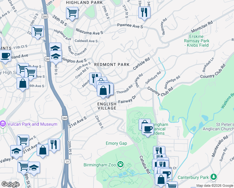 map of restaurants, bars, coffee shops, grocery stores, and more near 2850 Fairway Drive in Mountain Brook