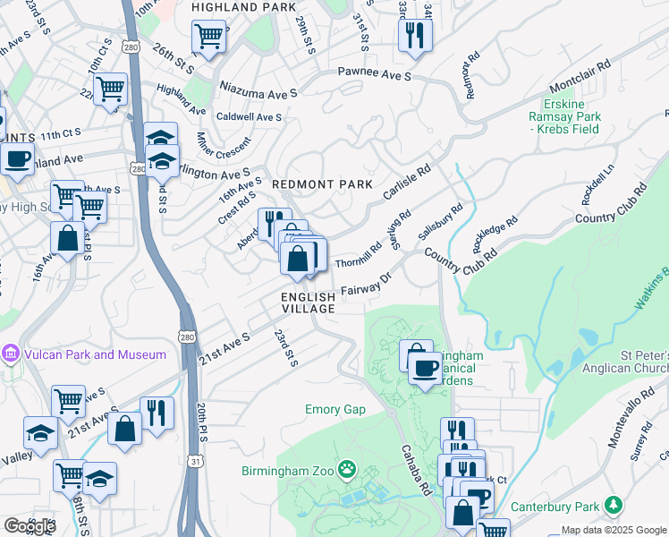 map of restaurants, bars, coffee shops, grocery stores, and more near 2850 Fairway Drive in Mountain Brook