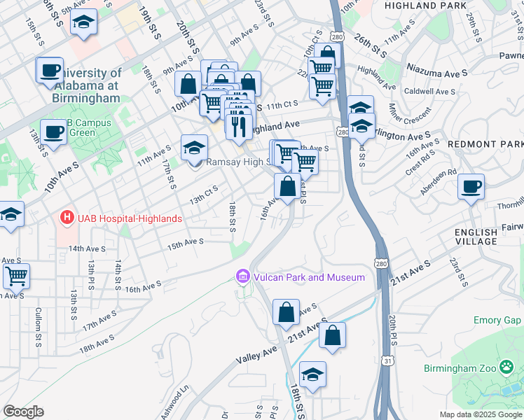 map of restaurants, bars, coffee shops, grocery stores, and more near 1908 16th Avenue South in Birmingham