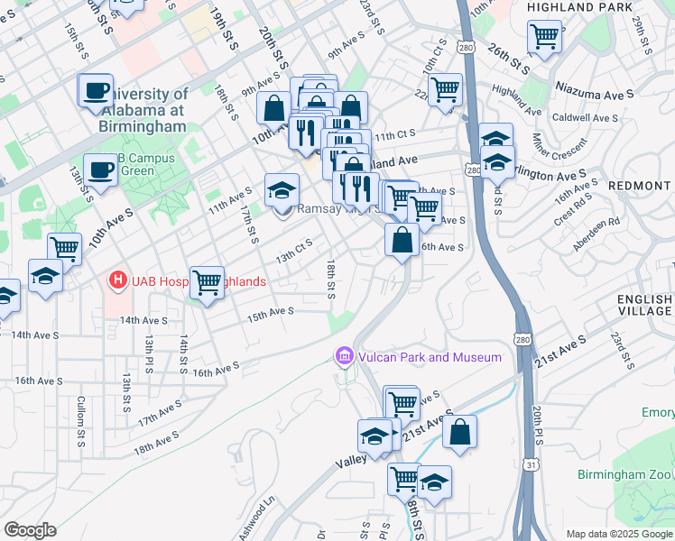 map of restaurants, bars, coffee shops, grocery stores, and more near 1431 18th Street South in Birmingham