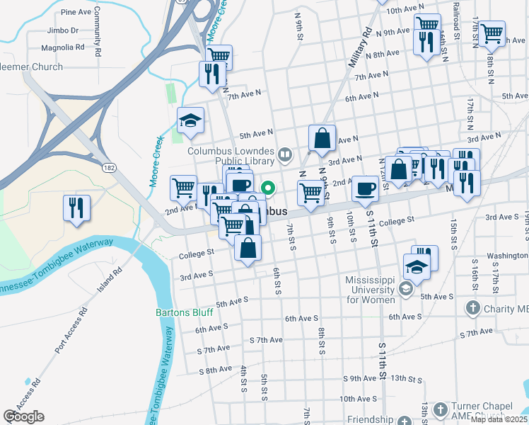 map of restaurants, bars, coffee shops, grocery stores, and more near 523 Main Street in Columbus
