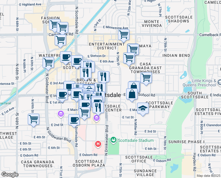 map of restaurants, bars, coffee shops, grocery stores, and more near 4111 North Drinkwater Boulevard in Scottsdale