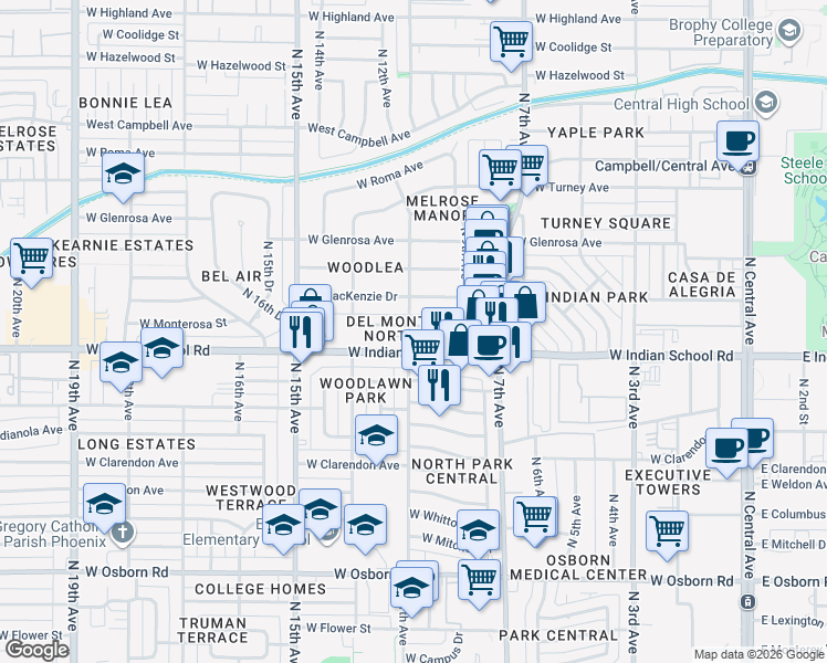 map of restaurants, bars, coffee shops, grocery stores, and more near in Phoenix