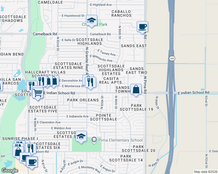 map of restaurants, bars, coffee shops, grocery stores, and more near 8550 East Indian School Road in Scottsdale