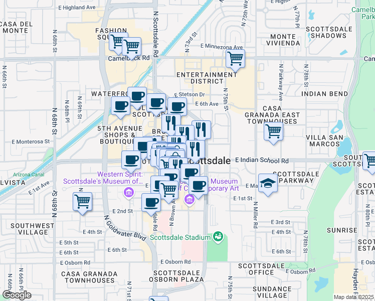 map of restaurants, bars, coffee shops, grocery stores, and more near 4111 North Drinkwater Boulevard in Scottsdale