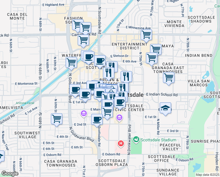 map of restaurants, bars, coffee shops, grocery stores, and more near 1200 North Buckboard Trail in Scottsdale