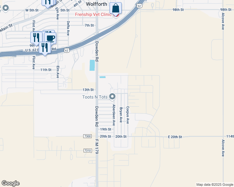 map of restaurants, bars, coffee shops, grocery stores, and more near 1405-1407 Bryan Avenue in Wolfforth
