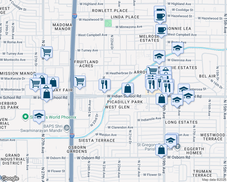 map of restaurants, bars, coffee shops, grocery stores, and more near 2225 West Indian School Road in Phoenix
