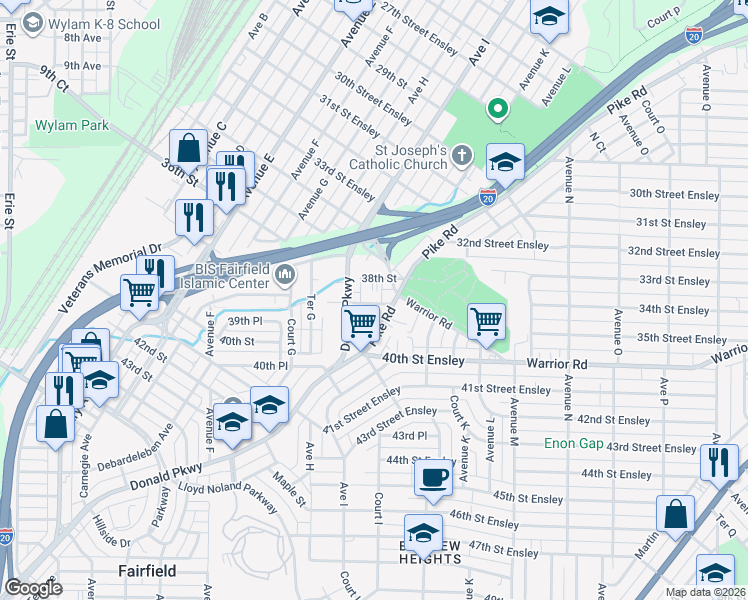 map of restaurants, bars, coffee shops, grocery stores, and more near 920 39th Street Ensley in Birmingham