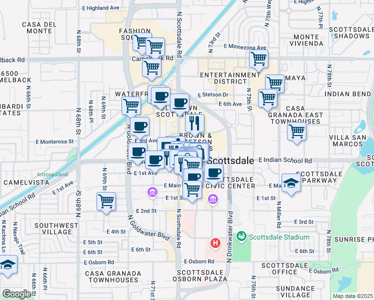 map of restaurants, bars, coffee shops, grocery stores, and more near in Scottsdale