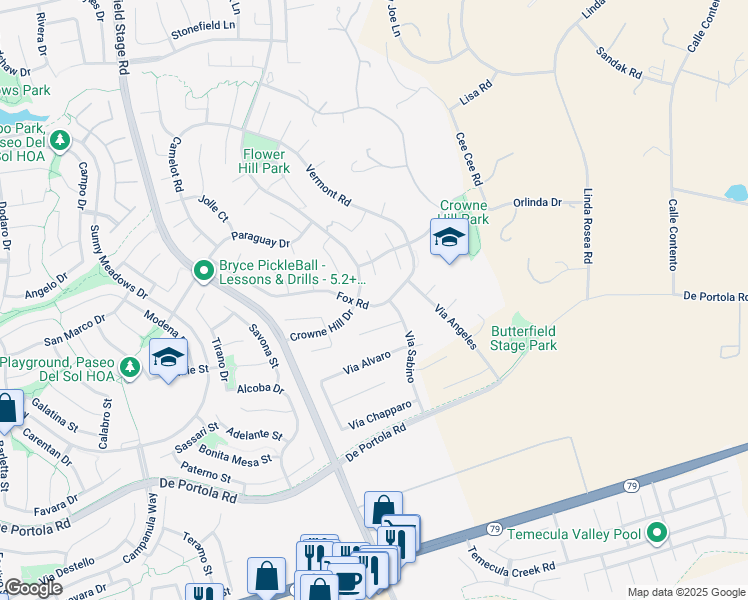 map of restaurants, bars, coffee shops, grocery stores, and more near 33335 Fox Road in Temecula