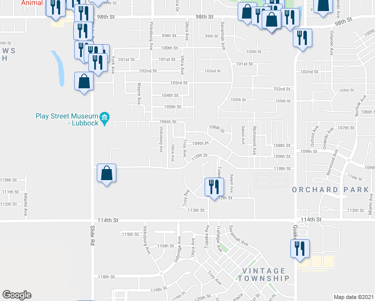 map of restaurants, bars, coffee shops, grocery stores, and more near 11808 Troy Avenue in Lubbock