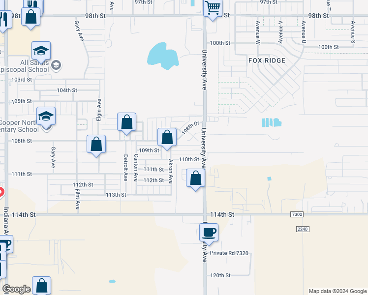 map of restaurants, bars, coffee shops, grocery stores, and more near 2520 109th Street in Lubbock