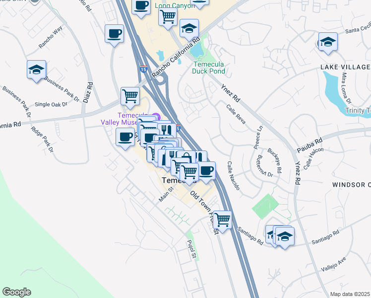 map of restaurants, bars, coffee shops, grocery stores, and more near 41853 4th Street in Temecula
