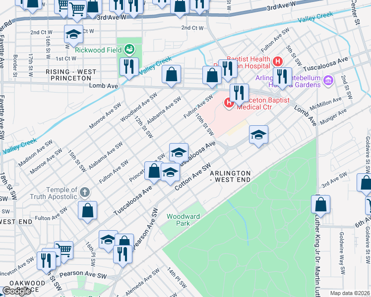 map of restaurants, bars, coffee shops, grocery stores, and more near 612 11th Street Southwest in Birmingham