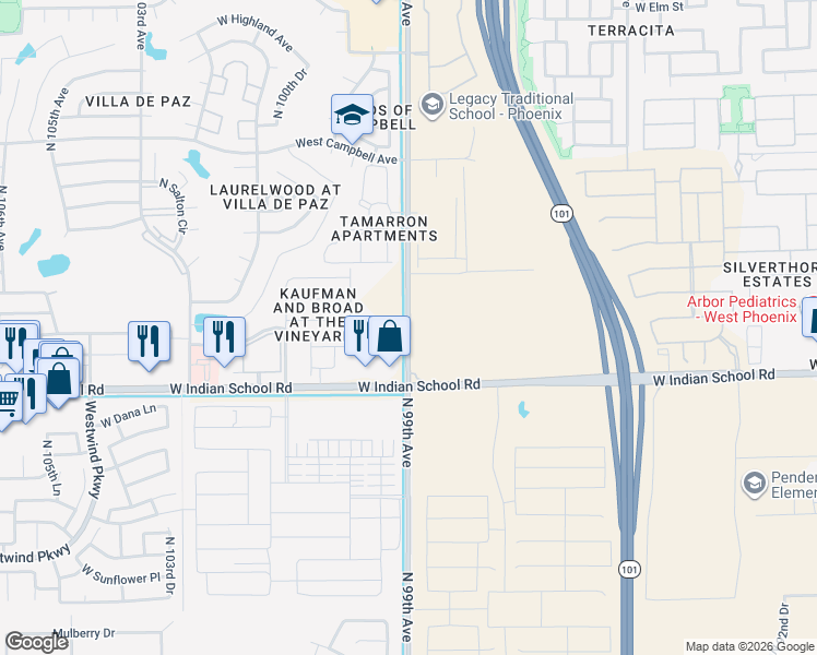 map of restaurants, bars, coffee shops, grocery stores, and more near 4107 North 99th Avenue in Phoenix
