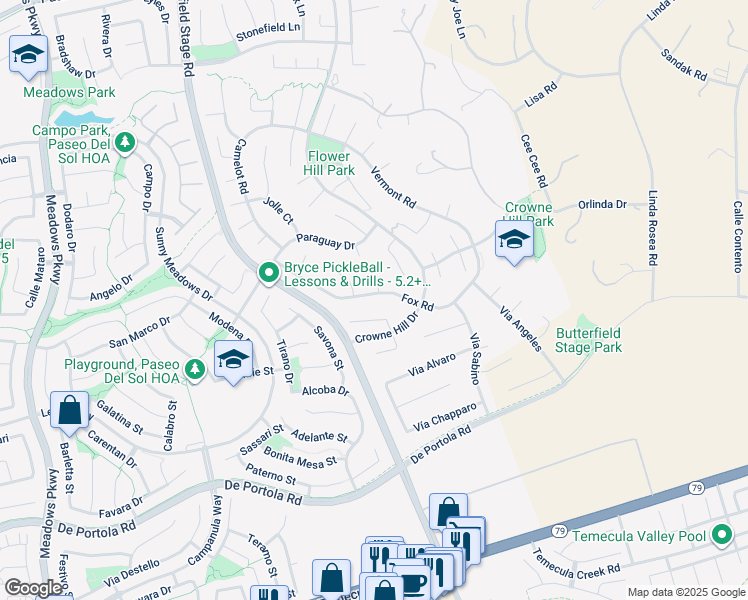 map of restaurants, bars, coffee shops, grocery stores, and more near 33235 Fox Road in Temecula
