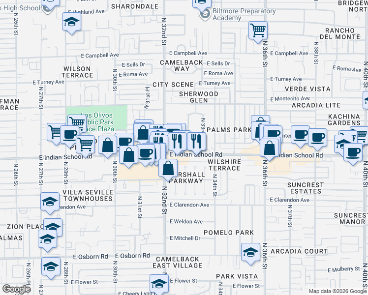 map of restaurants, bars, coffee shops, grocery stores, and more near 3243 East Indian School Road in Phoenix