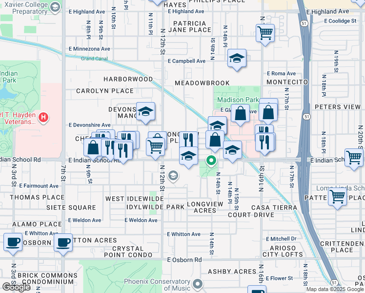 map of restaurants, bars, coffee shops, grocery stores, and more near 4112 North Longview Avenue in Phoenix