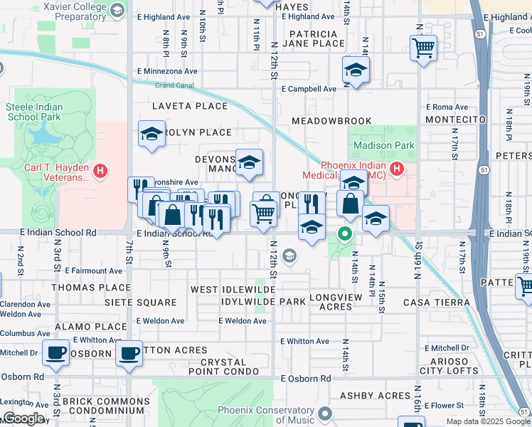 map of restaurants, bars, coffee shops, grocery stores, and more near 1130 East Indian School Road in Phoenix
