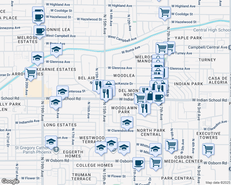 map of restaurants, bars, coffee shops, grocery stores, and more near 1340 West Indian School Road in Phoenix