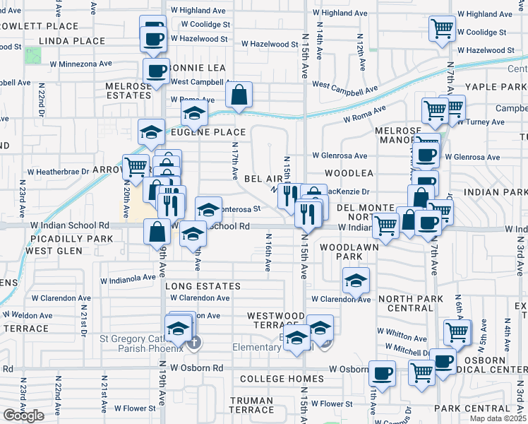 map of restaurants, bars, coffee shops, grocery stores, and more near 1606 West Indian School Road in Phoenix