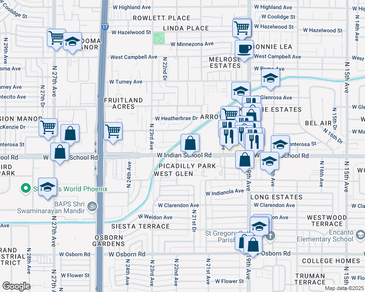 map of restaurants, bars, coffee shops, grocery stores, and more near 2129 West Indian School Road in Phoenix