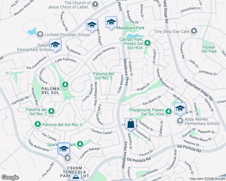 map of restaurants, bars, coffee shops, grocery stores, and more near 32195 Via Cesario in Temecula