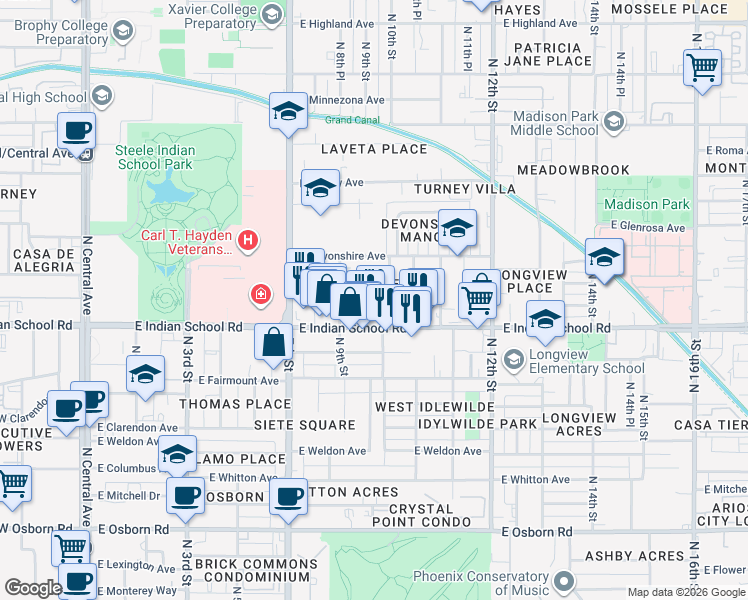 map of restaurants, bars, coffee shops, grocery stores, and more near 916 East Indian School Road in Phoenix