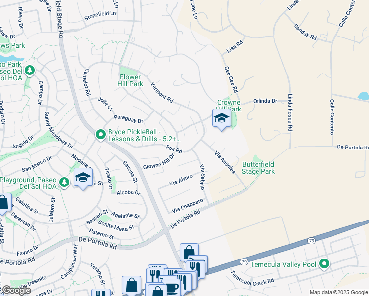 map of restaurants, bars, coffee shops, grocery stores, and more near 33335 Fox Road in Temecula