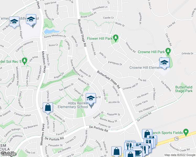 map of restaurants, bars, coffee shops, grocery stores, and more near 32855 Abana Court in Temecula