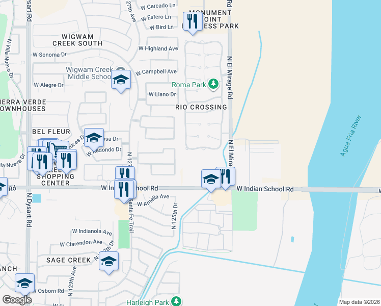 map of restaurants, bars, coffee shops, grocery stores, and more near 4151 North 125th Avenue in Litchfield Park