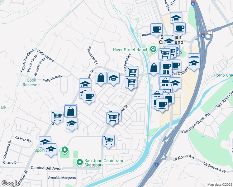 map of restaurants, bars, coffee shops, grocery stores, and more near 32165 Paseo Carolina in San Juan Capistrano
