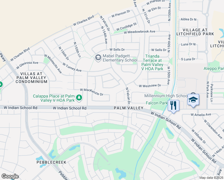 map of restaurants, bars, coffee shops, grocery stores, and more near 4197 North 153rd Drive in Goodyear
