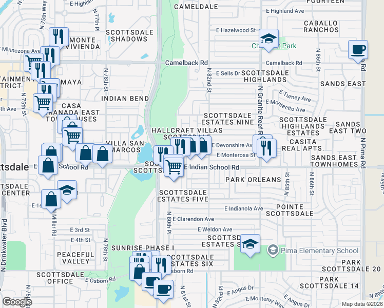 map of restaurants, bars, coffee shops, grocery stores, and more near 4153 North 81st Street in Scottsdale