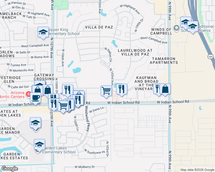 map of restaurants, bars, coffee shops, grocery stores, and more near 10340 West Devonshire Avenue in Phoenix