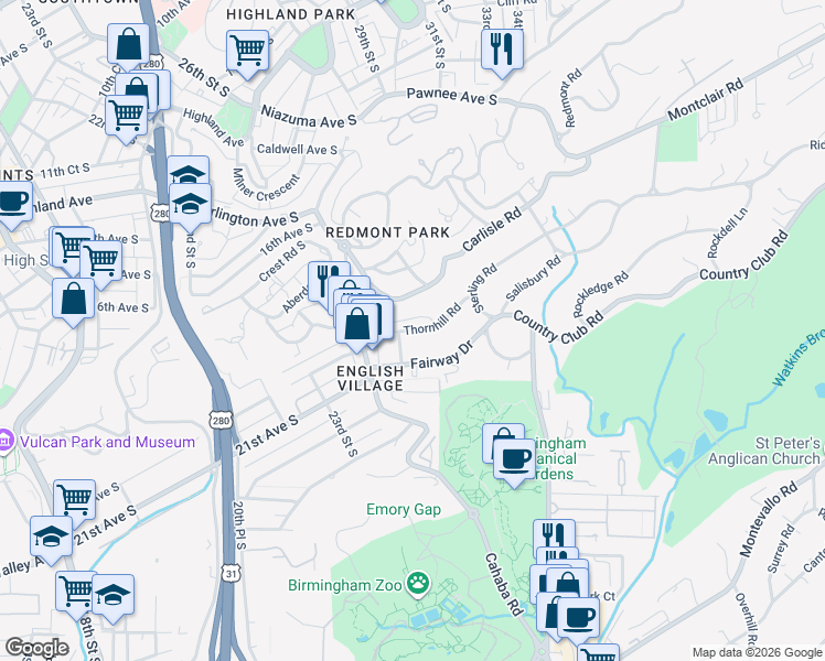 map of restaurants, bars, coffee shops, grocery stores, and more near 2829 Thornhill Road in Mountain Brook